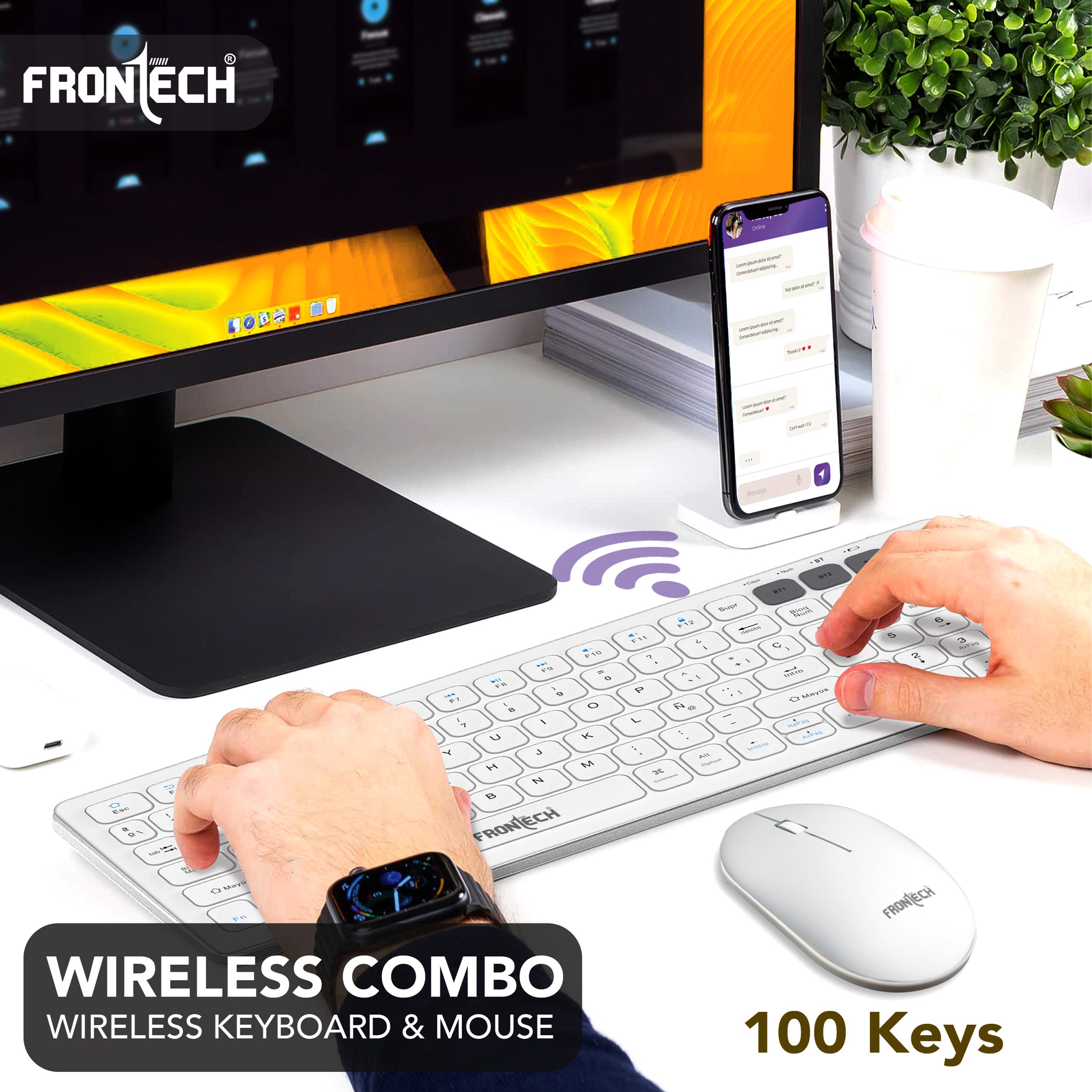 Frontech wireless keyboard & mouse combo | 2.4 Ghz |Transmission with built-in rechargeable battery |Multi-Device connection ( FT-1602A ) Frontech wireless keyboard & mouse combo | 2.4 Ghz |Transmission with built-in rechargeable battery |Multi-Device connection ( FT-1602A )